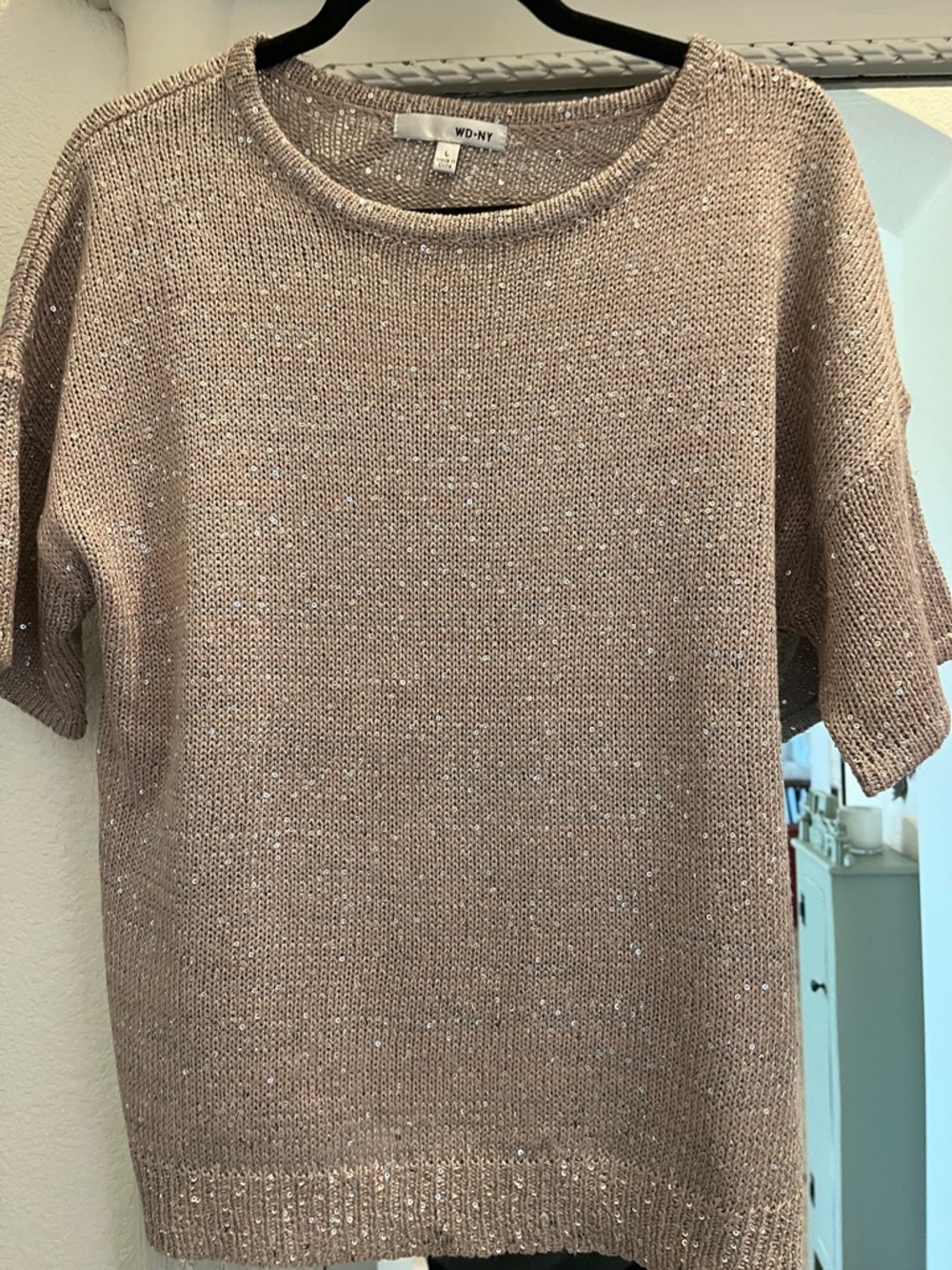 WD.NY Metallic Beige Short-Sleeve Crewneck Sweater